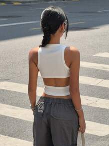 Women's Plain Casual Ribbed Backless Tank Top - White - View 2