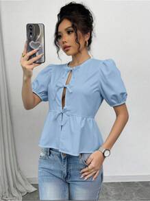 SHEIN Unity 女士纯色休闲泡泡袖蝴蝶结荷叶边上衣，夏季女士衬衫 - 淺藍色 - 查看 5