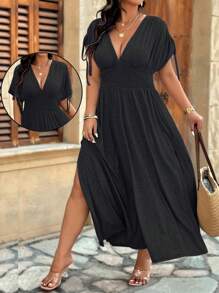SHEIN LUNE Plus Size Soft Knit Adjustable Shoulder Line Romper With Short Sleeves, Drawstring Waist, Side Slit, V-Neck, Casual For Outing & Holiday - Black - View 1