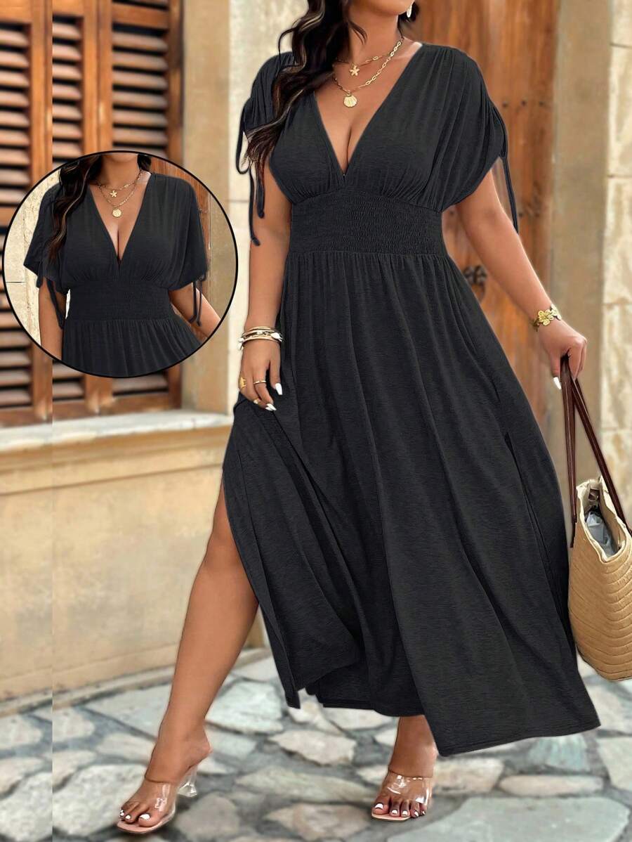 SHEIN LUNE Plus Size Soft Knit Adjustable Shoulder Line Romper With Short Sleeves, Drawstring Waist, Side Slit, V-Neck, Casual For Outing & Holiday - Black - View 1