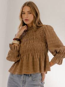 Aralina Blusa de manga larga con fruncidos de estilo boho chic - Marrón Chocolate - Ver 1