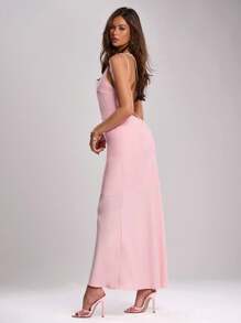 SHEIN BAE Spring Women Romantic Party Dress With Pearl Chain Trim, Asymmetric Neck Backless Fitted Fishtail Satin Dress - Pink - View 6