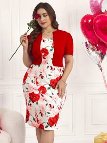 Reflora Ladies Plus Size Spring Floral Print Elastic Knit 2 In 1 Dress, Elegant Romantic Daily Outfit, Suitable For Valentine's Day - Red - View 5