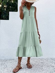 EMERY ROSE Button Detail Layered Hem Smock Dress Maxi Women Outfit - Mint Green - View 6