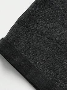 SHEIN 少女休闲破洞卷边牛仔短裤 - 黑色 - 查看 4