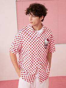 HELLO KITTY AND FRIENDS | SHEIN Unisex Casual Loose Woven Cat Print Red Polka Dot Short Sleeve Shirt, Spring/Summer - Red and White - View 5