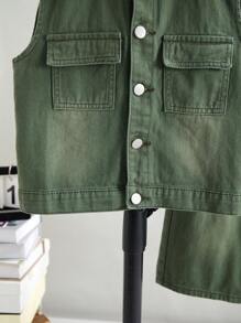 SHEIN Tween Boy Solid Color Hooded Vest, Sleeveless Short Minimalist Fashion Suit, Suitable For Summer,Holiday,Summer,Travel - Army Green - View 4