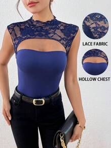 SHEIN Lace Patchwork Hollow Out Sexy Women Tank Top - Navy Blue - View 1