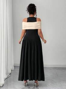 Elenzga 大码女式拼色露肩迷你连衣裙，时尚，适合夏季 - 黑色 - 查看 2