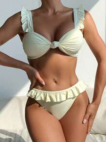 Women's Beach Vacation Cream Knotted Front Ruffle Detail Bikini Set For Summer - Cream - View 4