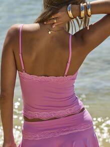 Aralina 平纹蕾丝边蝴蝶结吊带修身性感吊带背心 - 玫紅色 - 查看 4