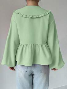 SHEIN Unity 个性领口灯笼袖前结荷叶边衬衫夏季女式衬衫 - 薄荷綠 - 查看 2