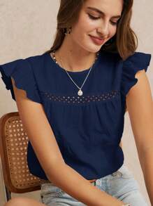 Poéselle Summer Vacation Wedding Season, Excellent Ruffle Trim Solid Color Blouse, Cute Top, Elegant , Boho Chic, Casual Style, Essential, - Navy Blue - View 4