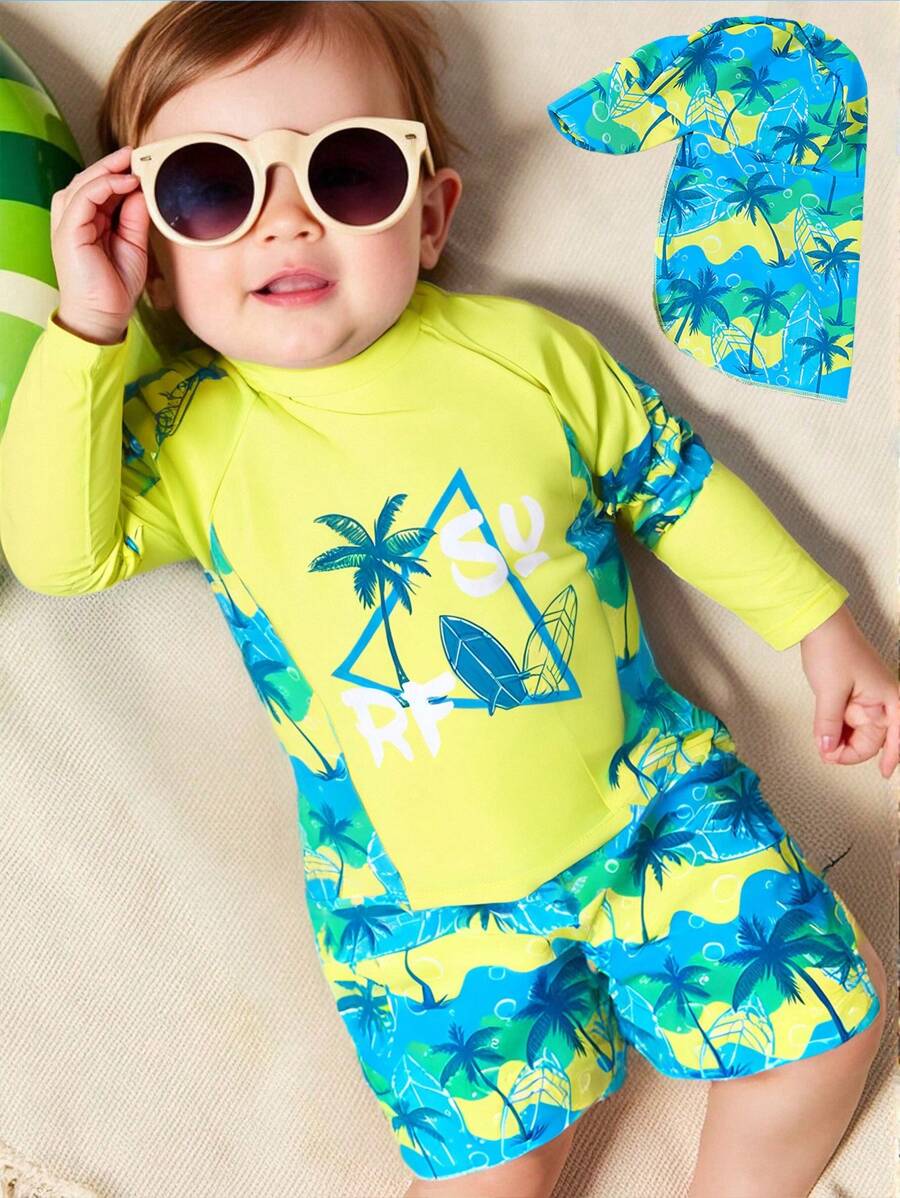 SHEIN Bộ đồ bơi 3 món in hình cây dừa thường ngày cho bé trai/bé gái quần short dài tay + mũ chống nắng, thích hợp cho kỳ nghỉ xuân/hè, đi chơi, du lịch, bãi biển, hồ bơi, tiệc tùng - màu xanh lá - Xem 1