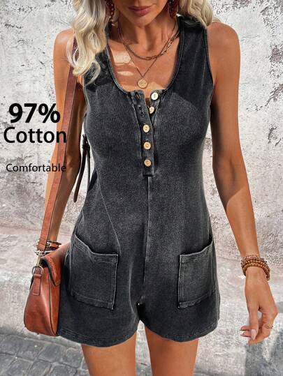 SHEIN LUNE Women's Casual Washed Fabric Music Festival Jumpsuit With Pockets, Everyday Wear For Spring & Summer  Summer Outfits For Women Vacation Outfits Woman Western Wear Women Concert Outfit Women Rave Outfits Festival