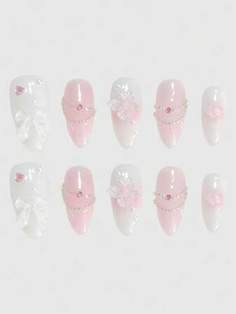 Kawaii 10pcs Cute Crystallized Blush Dot Nail Art Decals With Heart & Butterfly Chains And 1pc Nail Tape