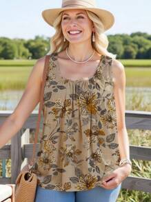 EMERY ROSE 大码卡其色碎花印花宽松吊带背心，适合春夏季度假 - 駝色 - 查看 2