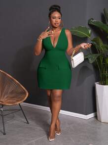 Slaydiva Elegant Sexy Bodycon Solid Blue Sleeveless Deep V-Neck Twist Waist Hem Mini Dress For Plus Size Women, Spring/Summer - M