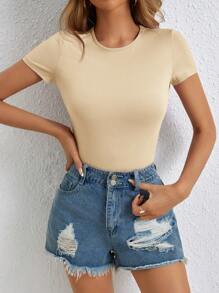 SHEIN Tall Body casual de mujer de color liso, cuello redondo y manga corta - Albaricoque - Ver 5