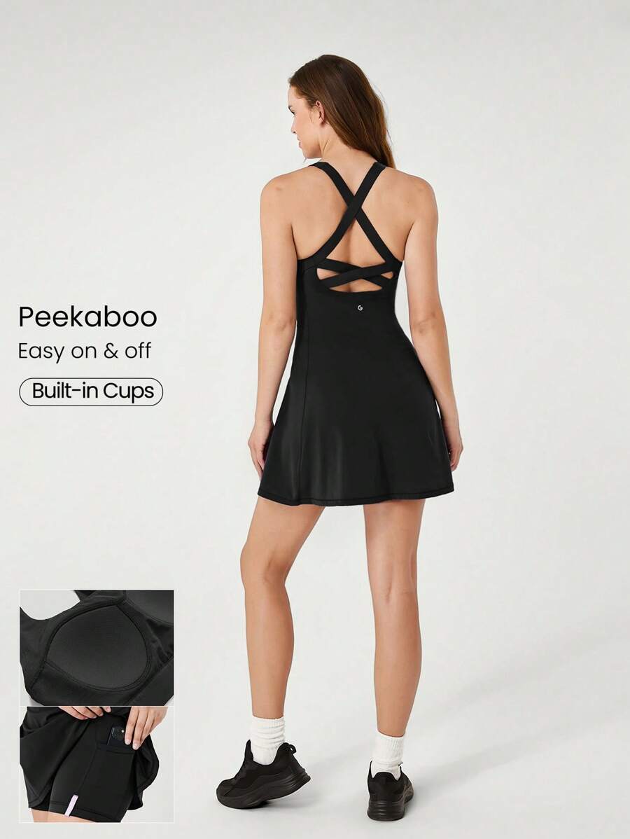 GLOWMODE FeatherFit™-Air 为胜利而生 吸汗快干 Peekaboo 内置罩杯 交叉系带后背圆领运动连衣裙 内置短裤 侧袋 防滑握把 低冲击网球 高尔夫 匹克球 日常穿着 - 黑色 - 查看 1