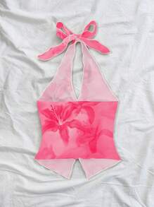 Soleia Camisole dos nu à imprimé floral rose sexy et à la mode, avec lien torsadé et fente sur le devant, idéale pour l'été - Rose bonbon - Voir 2
