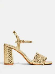 CUCCOO TILAWA Women's Gold Square Toe Woven Texture Block Heel Sandals, High Heel Slip-On Shoes - Gold - View 5