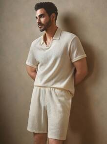 Manfinity VCAY 2pcs Knitted Close-Fitting Polo Collar Casual Suit Set, Suitable For Summer - Apricot - View 4