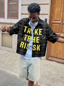 AXEPEAK 男士宽松数码印花格子短袖休闲衬衫，适合街头潮流，秋季 - 黑色 - 查看 3