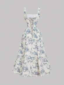 SHEIN MOD Women's Summer Full Print Waist Spliced Lace Camisole Dress,Bohemia - Blue - View 2