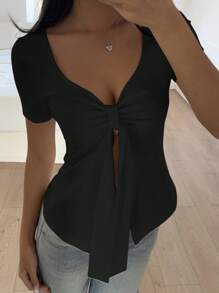 SHEIN EZwear Damen Lässig schwarzes Strick-T-Shirt mit Bindedetail, Schlitz-Saum und Kurzarm