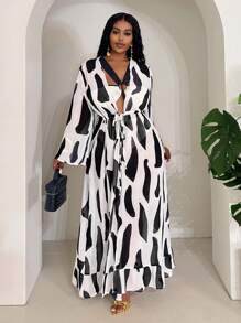 Slaydiva Plus Size Women's Vacation Colorblock Swimsuit With Sheer Cover Up, 3 Piece Set - Multicolor - View 6