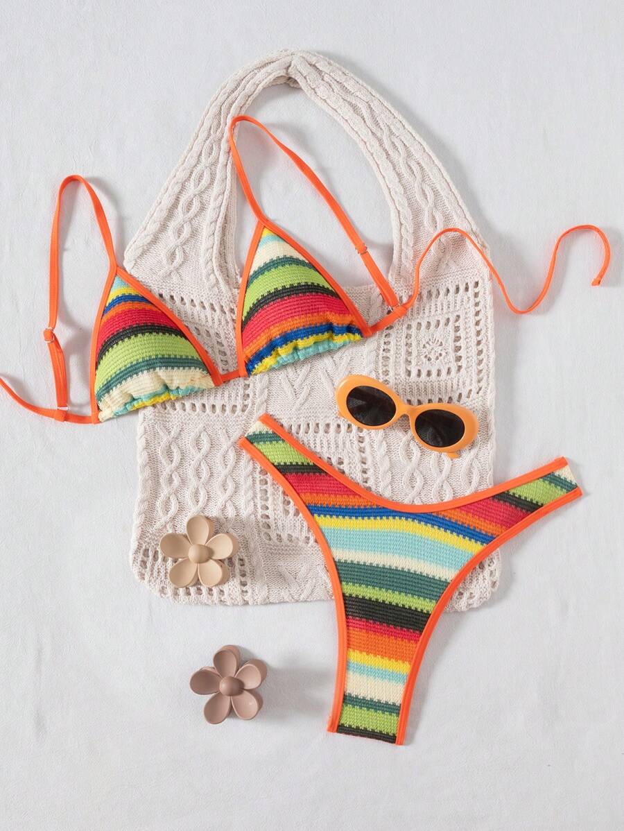 Swim Vcay Women's Crochet Bohemian Multicolor Mesh Trim Triangle Top Backless Two Pieces Bikini Swimsuit, Fashion Party Sexy Split Swimwear For Beach Holiday Summer - Multicolor - View 1