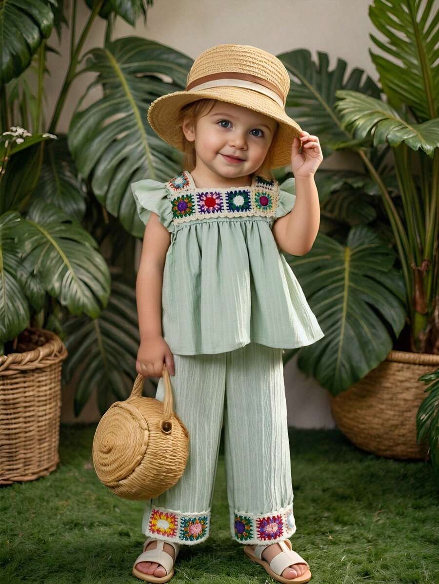 SHEIN Baby Mädchen 0-3 Jahre Lässige Resort Relaxed Textur handgefertigte bunte Dopamin Sonnenblumen Kragen locker geschnittene Puffärmel Top Hemd und weite locker sitzende Hose 2-teiliges Set, Apricot/Beige - Grün - Übersicht 1
