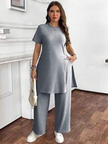 SHEIN LUNE Women's Plus Size Solid Color Slit Short Sleeve Long Pants Two-Piece Set - Grey - View 4