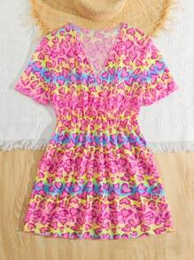 Tween Girl Heart Print V-Neck Criss-Cross Wrap Front Short Sleeve Dress Summer Holiday - Multicolor - View 3