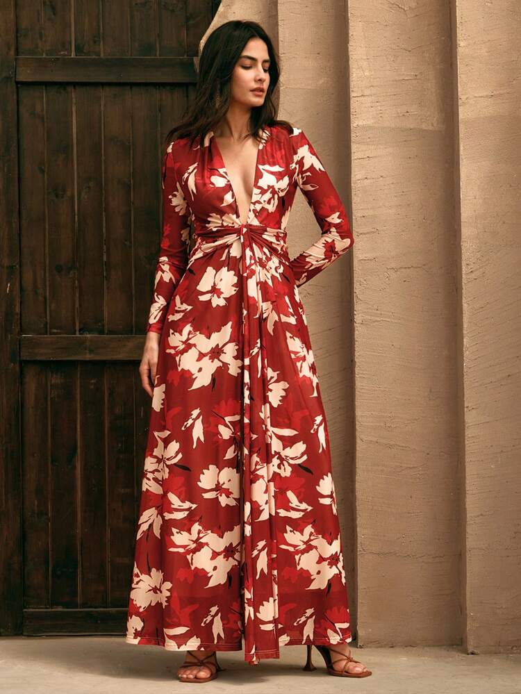 Vestido de punto rojo coral elegante para mujer con cintura anudada y mangas fluidas, apropiado para la playa, festivales y vacaciones