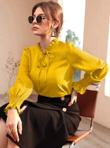 Mulvari Burgundy Red Women's Casual Solid Color Ruffled Sleeve Blouse, Spring And Autumn - Yellow - View 7