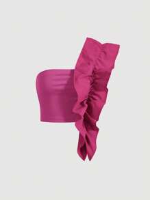 Aveloria One Shoulder Ruffle Trim Ruched Crop Top Cute Funny Shirts    Old Money Style For Summer Spring Fall Autumn - Hot Pink - View 1