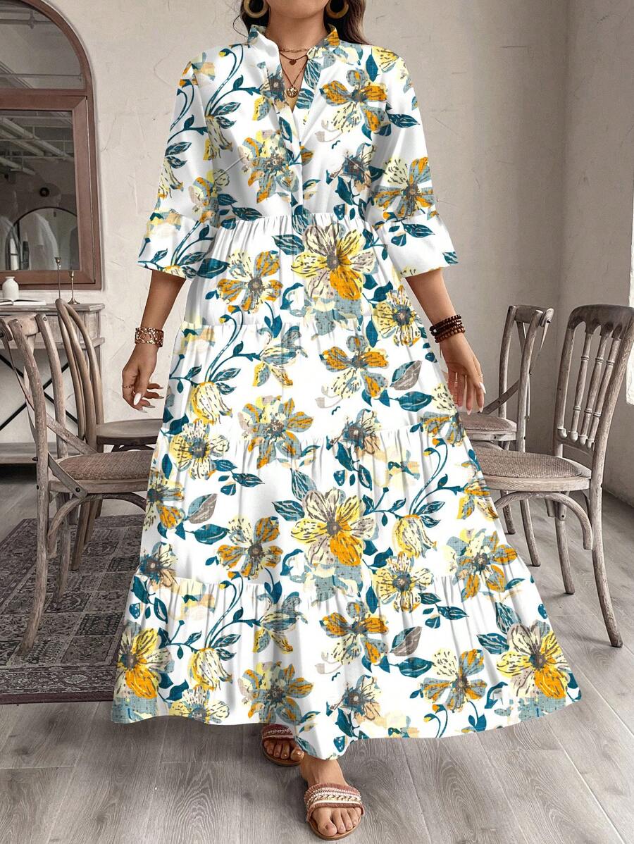 SHEIN LUNE Plus Size Elegant Floral Print Casual Dress, Suitable For Spring/Autumn,Beach Dress Sundress,Holiday Outfits Boho - Multicolor - View 1