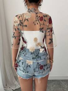 INAWLY Women's Elegant Floral Embroidered Mesh Ruffle Trim Short Sleeve Lightweight Cardigan, Summer - Clear - View 2