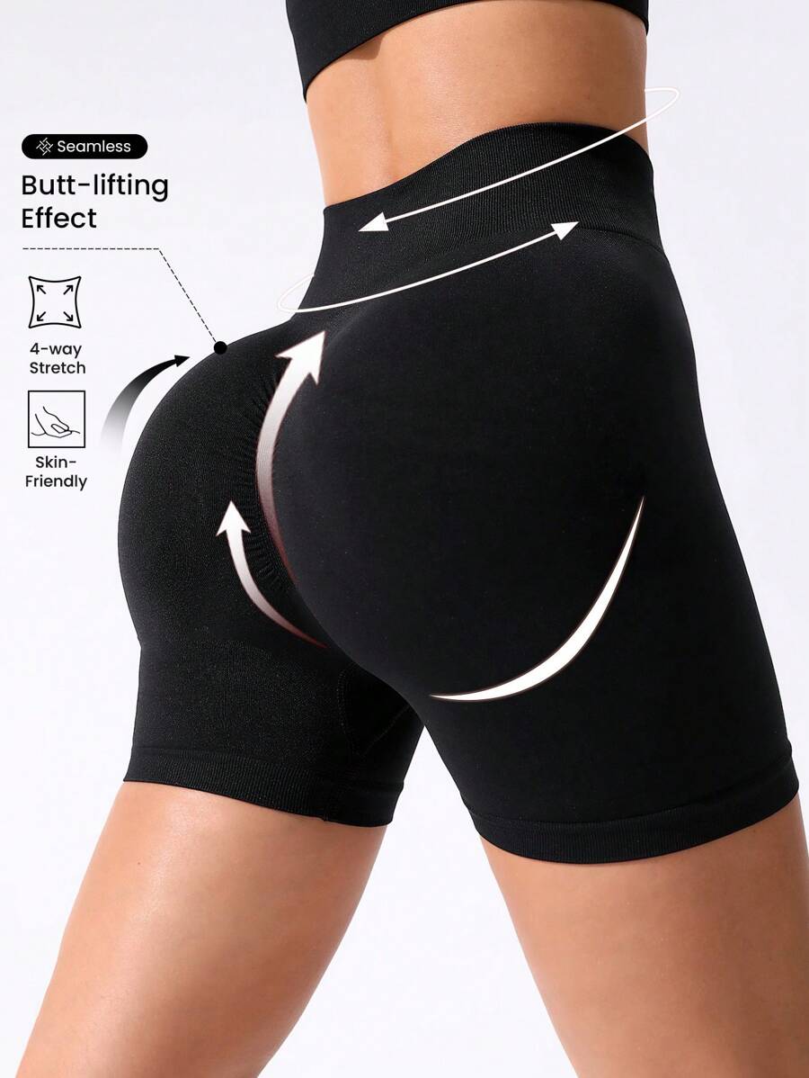 SHEIN Sports 收臀彈力腰寬運動摩托車短褲，緊身短褲 - 黑色 - 查看 1