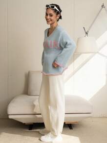 INAWLY Damen Loose Buchstaben Muster Dropped Shoulder Langarm Lässig Pullover, Herbst & Winter, Strick Pullover - Verschiedenfarbig - Übersicht 3