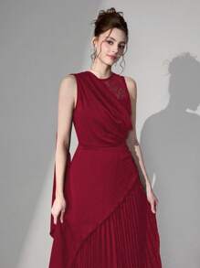 Poshira 女士优雅混合材质蕾丝拼接腰部正式晚礼服、派对礼服，适合婚礼宾客 - 酒紅色 - 查看 4