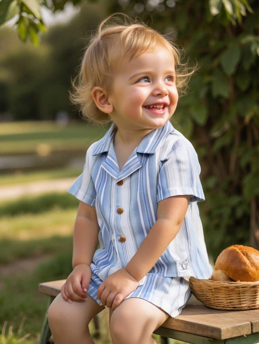 Cozy Pixies Bộ 2 áo sơ mi tay ngắn ve áo trang trí sọc nhiều màu cho bé trai và quần short cạp chun - Nhiều màu - Xem 1