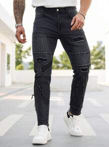 Manfinity LEGND Plus Size Men's Casual Washed Frayed Slim Fit Jeans - Black - View 1