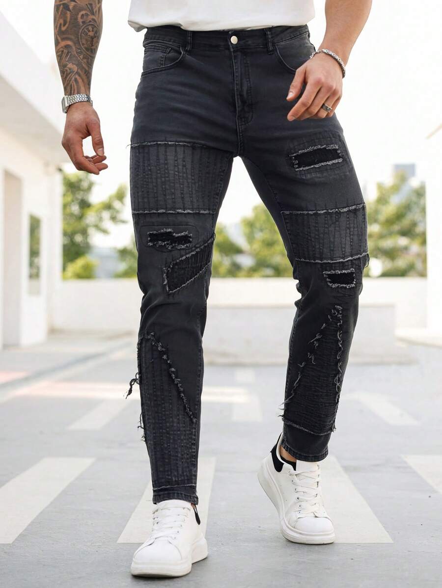 Manfinity LEGND Plus Size Men's Casual Washed Frayed Slim Fit Jeans - Black - View 1