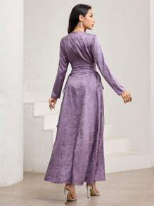 Veilorie Damen Blumen Jacquard Rundhals Langarm Kleid mit Bindung an der Taille, elegant