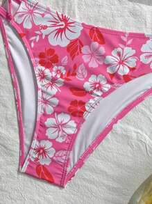 SHEIN Teen Girls Summer Beach Happy Tropical Floral Print Fuchsia Pink Spaghetti Strap Bikini Top