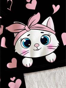 SHEIN Leap Crew 可愛女孩，青少年休閒簡約貓與心印花卡通短袖T恤和長褲2件套家居服，適用於春夏緊身/修身款式 - 黑色 - 查看 3