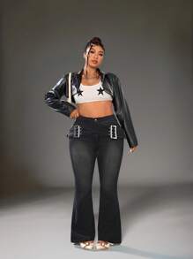 SHEIN ICON Plus Size Women Flare Jeans, Casual, Suitable For Summer - Black - View 6